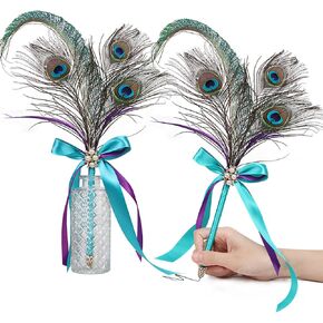 CROWN GUIDE Peacock Feather Quill Pen for Wedding Guest Book Cute Fancy Ballpoint Pens for Journaling Women Reception Signing Bridal Shower Nikkah Pen for 1920s Gatsby Accessories Party Decoration