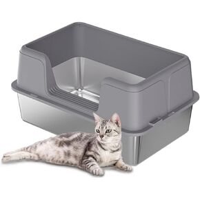 Stainless Steel Litter Box, Large Metal Cat Litter Box with High Sided for Big Cats, Litter Boxs with Anti-Slip Cat Litter Mat and Scoop, Non-Sticky Easy Cleaning