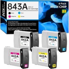 843A Ink Cartridge 400ml Replacement for HP 843A C1Q57A C1Q58A C1Q59A C1Q60A for PageWide XL 4000 4100 4500 4600 5000 5100 Wide Format Printers Black Yellow Magenta Cyan, 4 Pack 843A Ink Refills