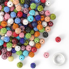 150Pcs Rhinestone Beads for Jewelry Making,10mm Disco Ball Polymer Clay Beads,Bling Sparkle Mix Color Crystal Beads with 10m Elastic String,Christmas Gifts for DIY Bracelet Necklace Earring Keychain