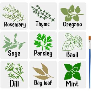 Fingerinspire 9 PCS مختلف استنسل الفانيليا مع فرشاة الطلاء 5.9x5.9 بوصة روزماري الزعتر Oregano Stencil Rosemary Sage Parsle