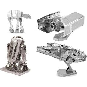 Metal Earth 3D Model Kits - Star Wars مجموعة من 4 - Darth Vader's Tie Fighter ، R2 -D2 ، AT -AT ، Millenium Falcon