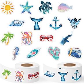 HAOORYX 1000PCS Summer Beach Shower Rolls ، 16 تصاميم حيوانات البحر Cartoon Sea Antshive ملصقات ملصقات ، ملصق Starfish Whale Starfish الأزرق اللطيف لصالح Summer Party Scrapbook Decor