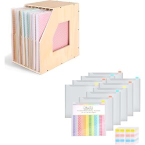 Caydo Wood Paper Organizer ، Slope Design Storage Shelf Holding 12 × 12 بوصة ورق قصاصات مع 60 علامات تبويب فهرس لزجة