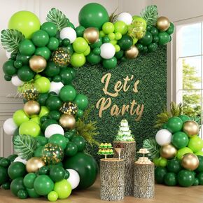 151pcs Jungle Safari Balloon Garland Arch Kit with Dark Green Lime Green White Metallic Gold Confetti Balloons Leaves for Jungle Safari Dinosaur Birthday Baby Shower Party Decorations