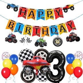 مجموعة زخارف عيد ميلاد Monster Truck الثالثة - 40 PCS Party Supplies Kit مع لافتة ، دوامات معلقة ، رقائق البالونات المحببة واللاحق Monster Truck Party Decor