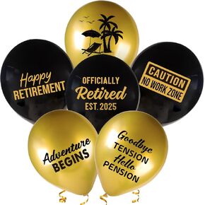 24pcs 2025 Retirement Balloons Party Decorations Black Gold Happy Retirement Balloons for Women Men Goodbye Tension Hello Pension Officially Retired