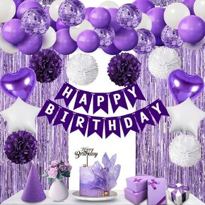 زخارف عيد ميلاد أرجوانية للبنات نساء ، زخارف الحفلات عيد ميلاد سعيد مع لافتة ، بالونات ، بومبومز ، ستارة رقائق الألومنيوم الأرجواني لإشراك بيوم الذكرى الذكرى.