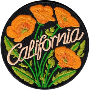 Embroidered Iron on Patch - California with Golden Poppies On Black Background