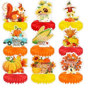 Howaf 9 PCS Hello Fall Party Decorations Pumpkin Honeycomb Centrebiece ، Happy Fall Table Toilders for Happy Shotgiving Party Forms ،