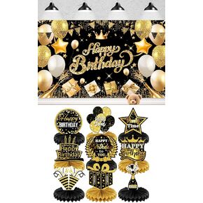 9 PCS Happy Birthday Party Table Centerpieces and 71x43 inch Black Gold Happy Birthday Backdrop