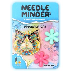 Awesome Pattern Studio Needle Minder Set - Mandala Cat Magnetic Needle Minder + 2 Needle Threaders. Enamel Pin for Cross Stitch, Embroidery and Craft