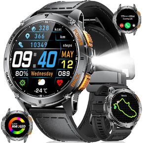 LIGE GPS Smart Watch for Men, 1.43" AMOLED/LED Flashlight/Compass Smartwatch, IP68 Waterproof/Swim Mode/100+ Sports Mode Fitness Tracker Watch, Military Smart Watches for Android iPhone Compatible
