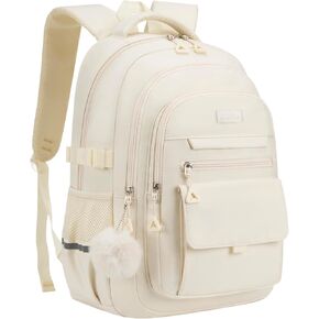 Cute Teen Girls Backpack, Big Student School Backpack Laptop Bookbag for College Women Aesthetic Middle High School Bag, Mochilas Escolares, Beige