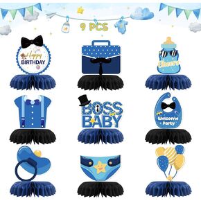 Innoru Boss Boy Table Honeycomb Centerpces ، Boy 1st Birthday Honeycomb Table Toppers Gender Canner Sign Sign Baby Shower Party Decorations Taffic Photo Booth Props 9 PCS