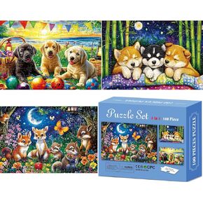 3-Pack 100 Piece Puzzles for Kids,Dogs Foxes Animals Puzzle for Kids Age 4-6 6-8 8-10,Unique Large Piece Jigsaw Puzzle,Recycled Paper,Bright & Colorful Educational Puzzle,Boys Girls Gift for Birthday