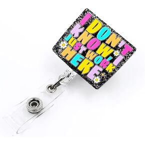 I Just Work Here Funny Badge Reel Holder Retractable Design | Nurse ID Badge Reel with Alligator Clip & 24" Durable Nylon Cord