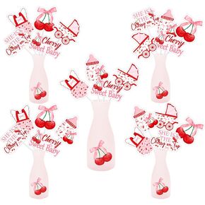 She's the Cherry on Top Party Decorations, 24PCS Cherry Baby Shower Centerpiece Sticks Sweet Cherry Table Topper Bow Cherry Cake Gift Box Table Sign for Girls Cherry Baby Shower Party Decor Supplies