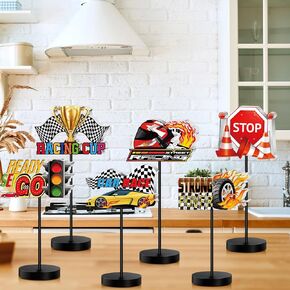 6 PCS Race Car Party Party Party Party Table Centerces Carces Car Car Table ، العلم ، الخوذة ، المسار ، الضوء ، الإطارات ، الكأس ، سيارة رياضية ، لتوصيلات عيد ميلاد المكتب المنزلي للمكاتب المنزلية