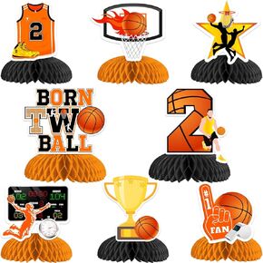 Jollyboom 8pcs ولد اثنين من الكرة عيد ميلاد الديكور مركزية العسل ، كرة السلة 2nd حفلة عيد ميلاد الديكور على الوجهين