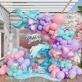 Mermaid Balloon Garland Arch Kit, Pastel Pink Purple Teal Blue Clear Latex Balloons with Tail Seashell Foil Balloons for Mermaid Party Decorations Under The Sea Ocean Theme Girls Birthday Party