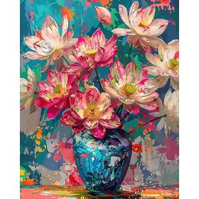 SVINOILER Lotus Flowers Paint by Numbers Kits 16x20inch Canvas DIY Oil Painting for Adults with Brushes and Acrylic Pigment, Vase of Floral Colorful Picture for Home Decor Without Frame
