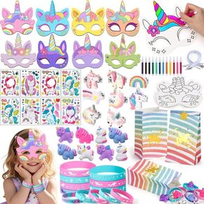 96pcs حزب يونيكورن مفضلات للأطفال تلوين أقنعة DIY Craft Fufu Toys Toys Watercolor Pen Rings Proclets Higelets Goodie Bags Pinata Fulers Stuffers Girls Unicorn Birthday Party Supplies