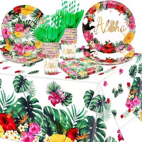 Howaf 133 PCS Hawaiian ALOHA Party Supplies مجموعة أدوات مائدة مائدة متاح تشمل المداريات الاستوائية Luau Napkins Plates Cups Tableroth Knives Forks ، Favors Summer Birthdy Favors تقدم 16 ضيفًا