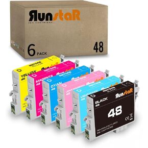 Run Star 6 Pack T048 Remanufactured Ink Cartridge Replacement for Epson 48 T048 use for Epson Stylus Photo R200 R220 R300 R300M R320 R340 RX500 RX600 RX620 Printer (BK/C/M/Y/LC/LM)