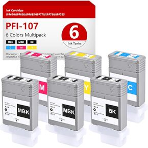 PFI-107 Ink Tank Compatible for Canon iPF780, iPF785, iPF670, iFP770, iFP680, iFP685, Replacement for PFI-107MBK PFI-107BK PFI-107C PFI-107M PFI-107Y (6 Pack, 130ml)