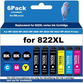 822XL Remanufactured for Epson 822XL Ink Cartridges for Epson 822XL T822 for Epson Workforce Pro WF-3820 WF-3823 WF-4820 WF-4830 WF-4833 WF-4834 Printer 6 Pack 3 Black 1 Cyan 1 Magenta 1 Yellow