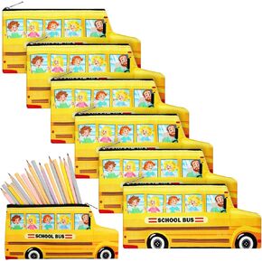 Fulmoon 6 Pcs Yellow School Bus Cute Pencil Case With Zipper - Small Pouch, Student Box, Simple Bag