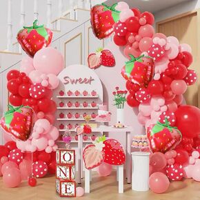 154 PCS Strawberry Shortcake Party Decoration Balloon Garland Arch Kit - 18inch Strawberry Poilons Pallonons for Berry First Birthday Decor
