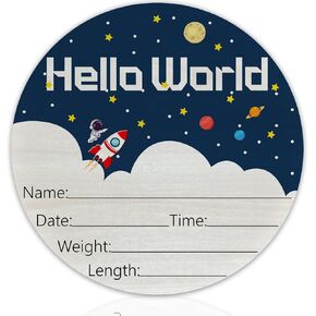 Baby Announcement Sign for Newborn Boys or Girls, Hello World Newborn Sign, Nursery Wall Decor, Baby Name Sign, Space Theme Birch Wood 6 inch Circle Board, Newborn Gifts