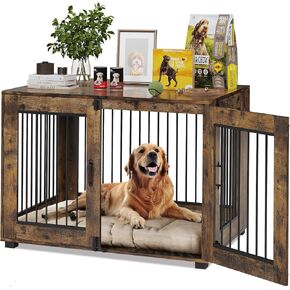 31.49" Rustic Wooden Dog Crate Furniture - Dual-Door Kennel & End Table, Indoor Pet Cage for Large Breeds, Modern Farmhouse Style, Brown in Saudi Arabia