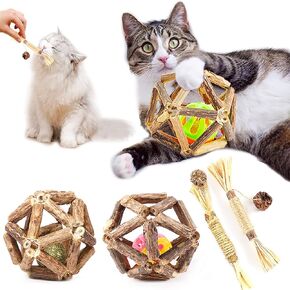 4 PCS Catnip Toys ، Natural Silvervine Sticks Toys للقطط الداخلية التفاعلية ، Silvervine Stick Catnip Ball و Bell Call ، Matatabi Cat Catnip Sticks Thew Toy لتنظيف الأسنان هريرة التسنين