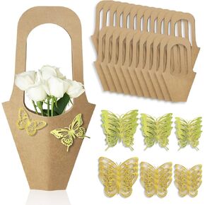 Septo 24pcs Kraft Paper Flower Bags,Bouquet Bags with 24pcs 3D Butterfly Accessories Flower Bags for Bouquets Flower Bag with Handle for Valentine's Day Wedding Home Decoration