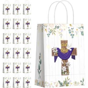 Teling 18 Pcs First Communion Baptism Gift Bags Paper Religious Party Favor Bags God Bless Christianity Cross Goodie Pouch Baptism Party Favors for Christenings Wedding Confirmation