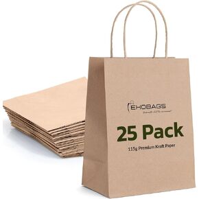 ekobags الأناقة أكياس هدايا كرافت صغيرة مع مقابض | أكياس الورق البني القوي بشكل كبير للتجزئة والتسوق وفضلات الحفلات والأعمال التجارية الصغيرة | 100 ٪ قابلة لإعادة التدوير والمستدامة | 8.6x4x10 بوصة ، 25 عبوة