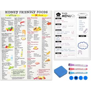 Kidney Friendly Food List Chart & Weekly Meal Planner，16"x12" Magnetic Whiteboard for Fridge，Low Potassium，Sodium&Phosphorus Diet Guide，Dry Erase Menu Board with Grocery List & Recipes Support
