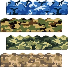 82Ft Camo Bulletin Board Borders,4 Designs 72Pcs Green Brown Blue Black Camouflage Trim Border Stickers for Classroom Office Wall for Hunting Themed Party Birthday Decoration