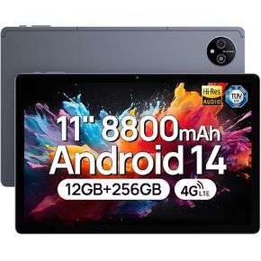Ulefone Tab A11 Android 14 Tablet, 12GB RAM+256GB ROM (1TB TF) Gaming Tablet, 11" Screen 8800mAh 16MP+8MP Camera, Widevine L1 Quad Stereo Speaker, 4G Dual SIM Tablet Come with Tempered Glass and Case