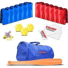 All-In-One Baseball Set | Kids Sports Duffle Bag, Jerseys, Field Bases & Pitching Rubber, Baseball Bat, Wiffle Balls & Gold Medals | For Home School, Groups & Birthdays - 12 Players