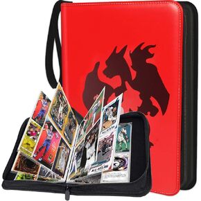 Trading Card Binder 4 Pockets, PU Cover Card Collectible Trading Card Albums for 400 Cards,Card Storage and Organizer 3 Ring Zipper -Compatible with Soccer, Baseball, MTG, YuGiOh(Red)