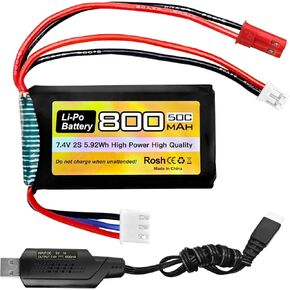 sea jump 7.4V LiPo 2S 50C 800mAh with JST and PH2.0 Plug with USB Charging Cable for SCX24 RC Car Battery, Bompatible with Most 1/10, 1/16, 1/18, 1/24 Scale RC car, Truck and RC Drone Batteries