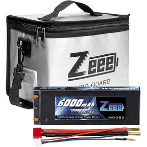 Zeee 2S Lipo Battery 6000mAh 7.6V 100C Hard Case Battery 4mm Bullet to T Connector 1 Pack Battery with 1 Pcs Lipo Safe Bag Fireproof Explosionproof Bag for Storage Charging