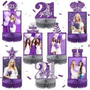 8pcs زخارف عيد ميلاد الأرجواني الحادي والعشرون قرص العسل المركزية لها ، الأرجواني الفضة السعيد الحادي والعشرين ، طاولة صور مركزية مركزية واحد وعشرون سنة عيد ميلاد لوازم الحفلات Topper