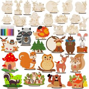 ourwarm 16 pcs زخارف دش الطفل الغابات ، وحيوانات الغابات الخشبية غير المكتملة أشكال قطع الأشكال مع 12 أقلام ملونة ، وقطاعات مركزية للاستحمام الطفل لإمدادات الحفلات الغابات