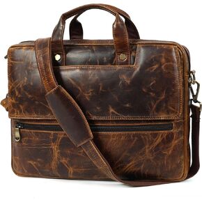 Mens Laptop Bag | 16 Inch Leather Briefcase Vintage Messenger Bag | 3 Zipper Pockets | 2 Spacious inner Compartments | 1 Flap Pocket | With Ajustable Straps And Metal Grip | (Dark Brown)