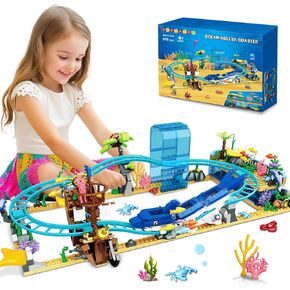 Hogokids Ocean Roller Coaster Building Set - Building Building Builds 675pcs مع Pirate Ship & Dolphin Railcar Adventure Park Gift for Kids 6 7 8 9 10 11 12 seens boys boys